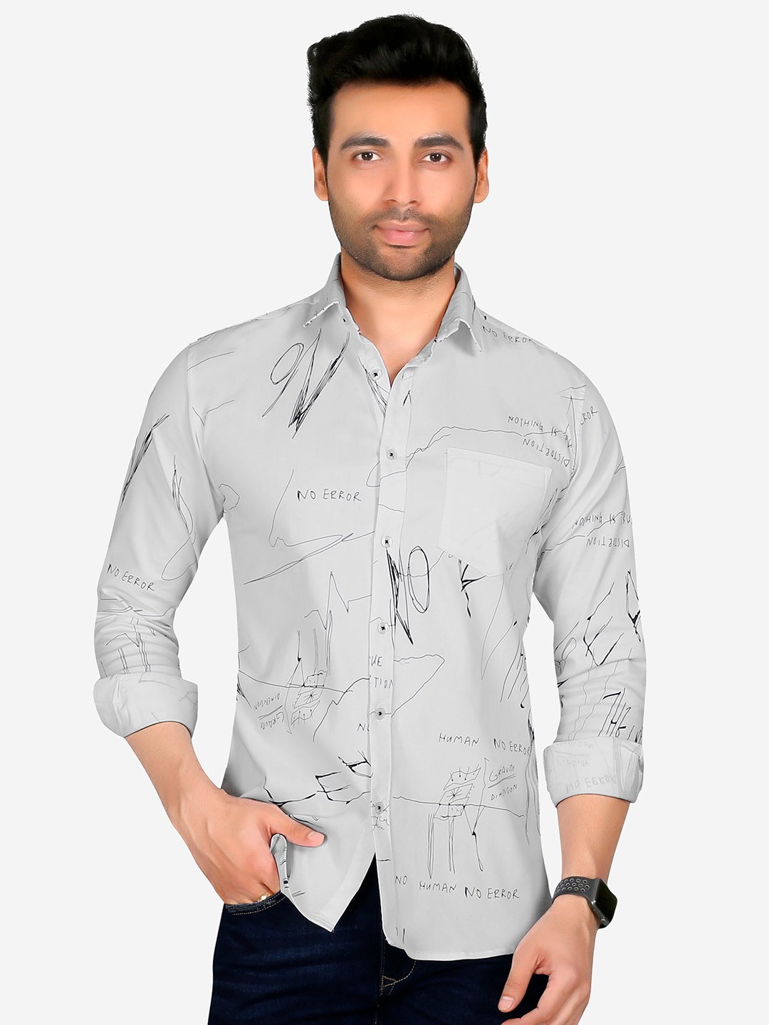 

5TH ANFOLD Men White Cotton Slim Fit Printed Casual Shirt