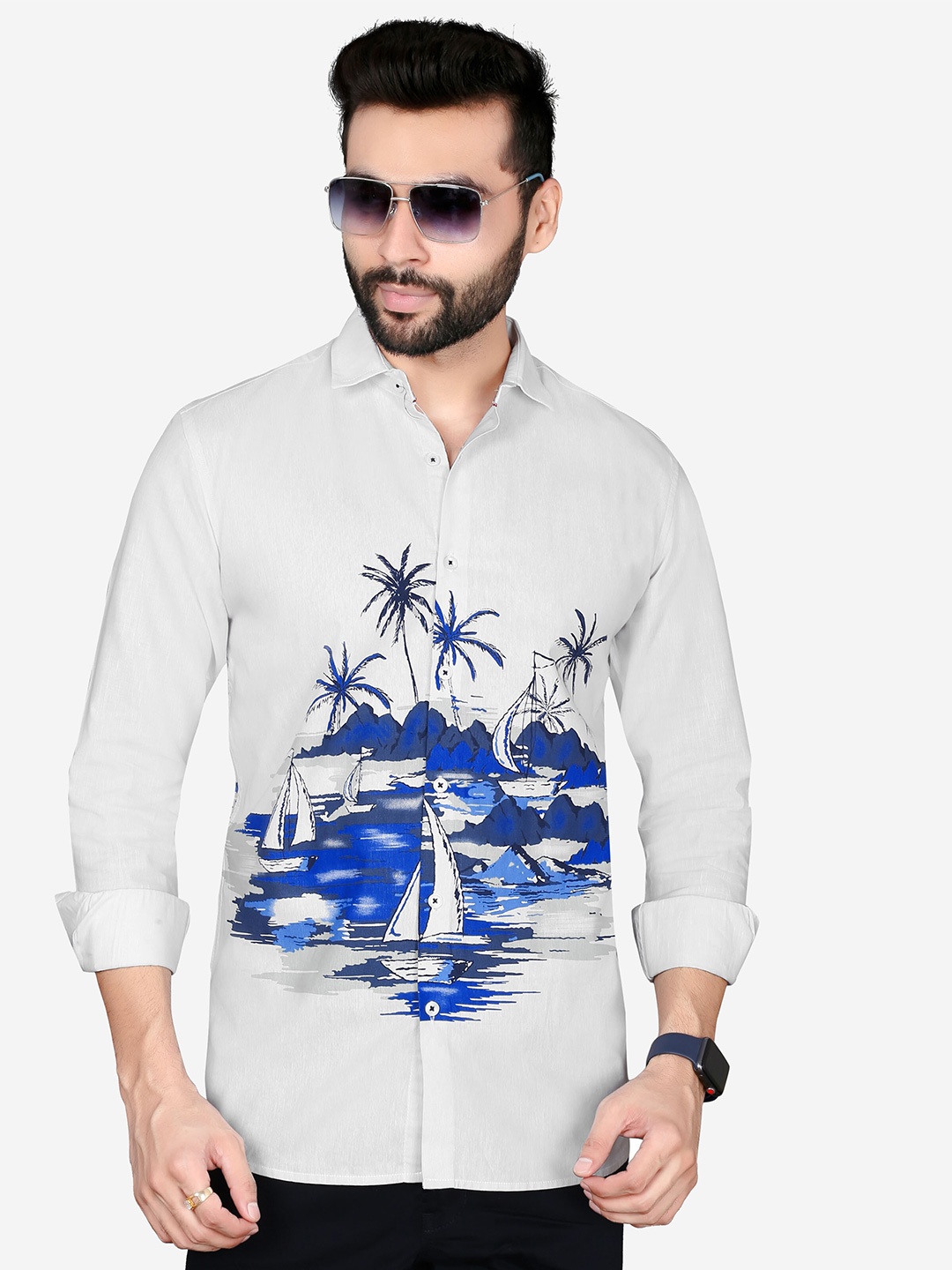 

5TH ANFOLD Men White Cotton Slim Fit Printed Casual Shirt