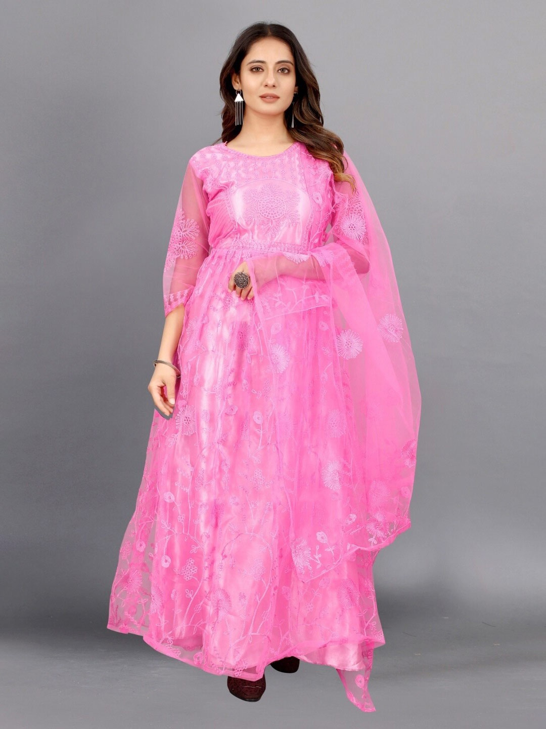

APNISHA Pink Floral Net Maxi Dress