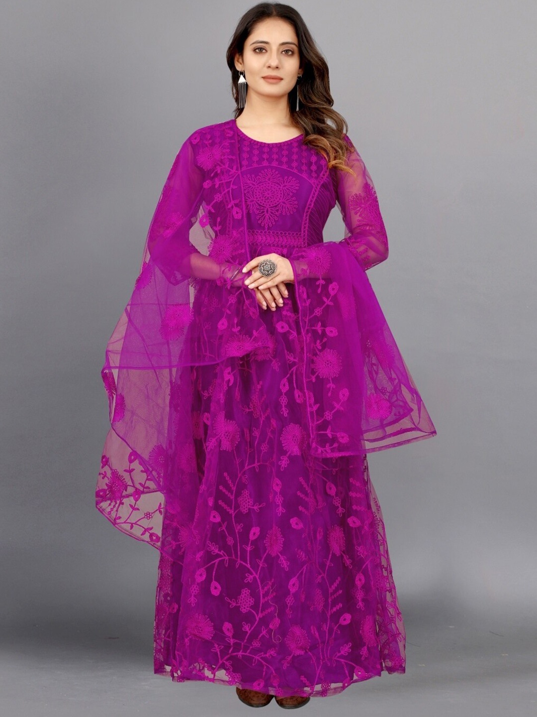 

APNISHA Purple Floral Net Maxi Dress