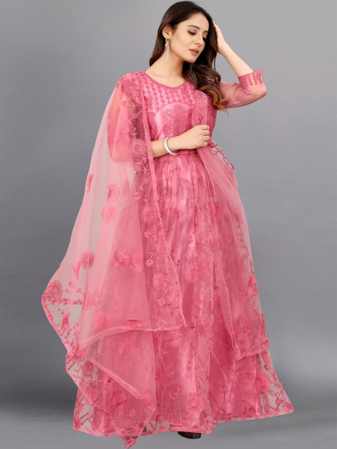 

APNISHA Peach-Coloured Floral Net Maxi Dress