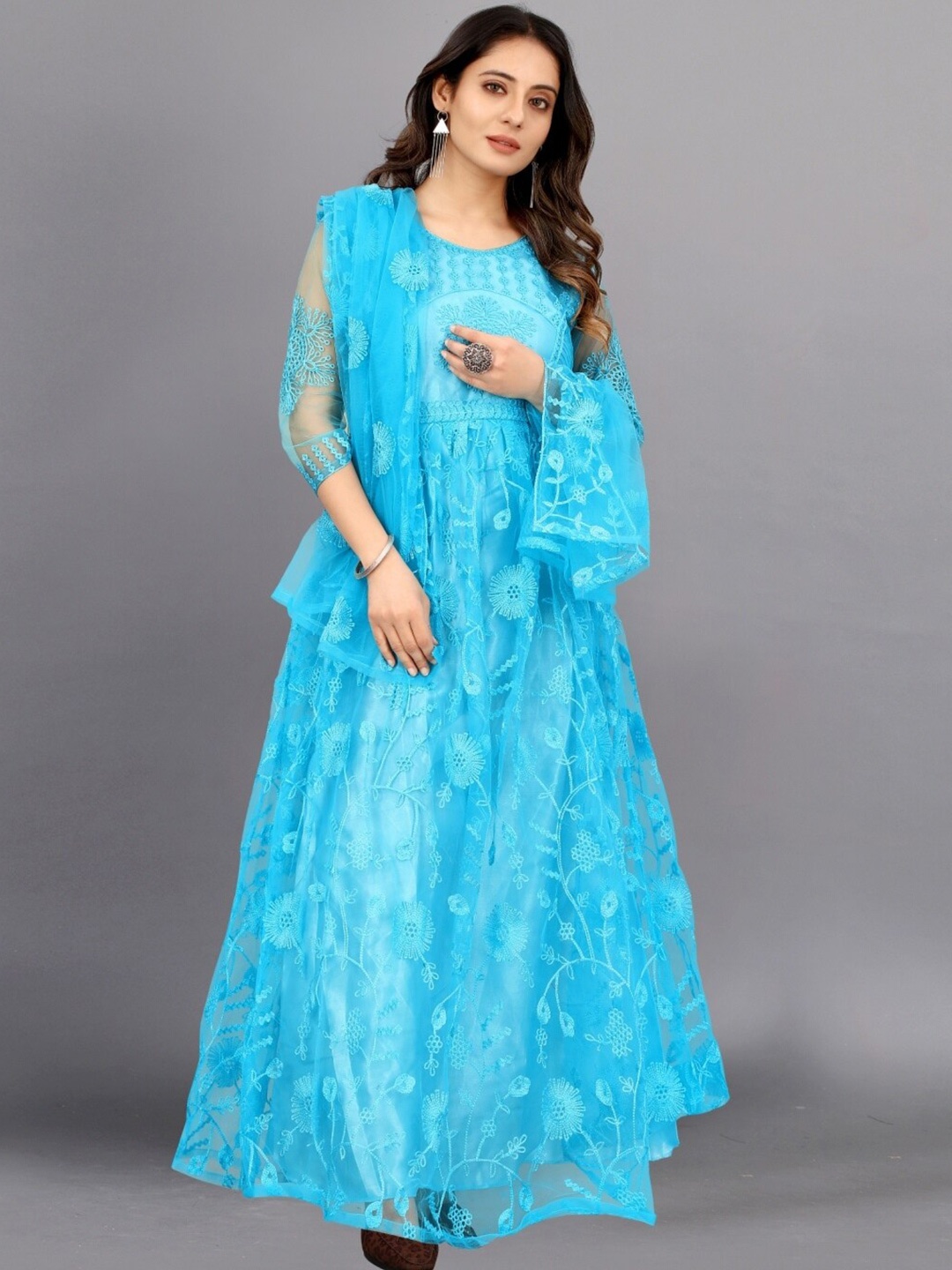 

APNISHA Blue Ethnic Motifs Embroidered Net Maxi Dress