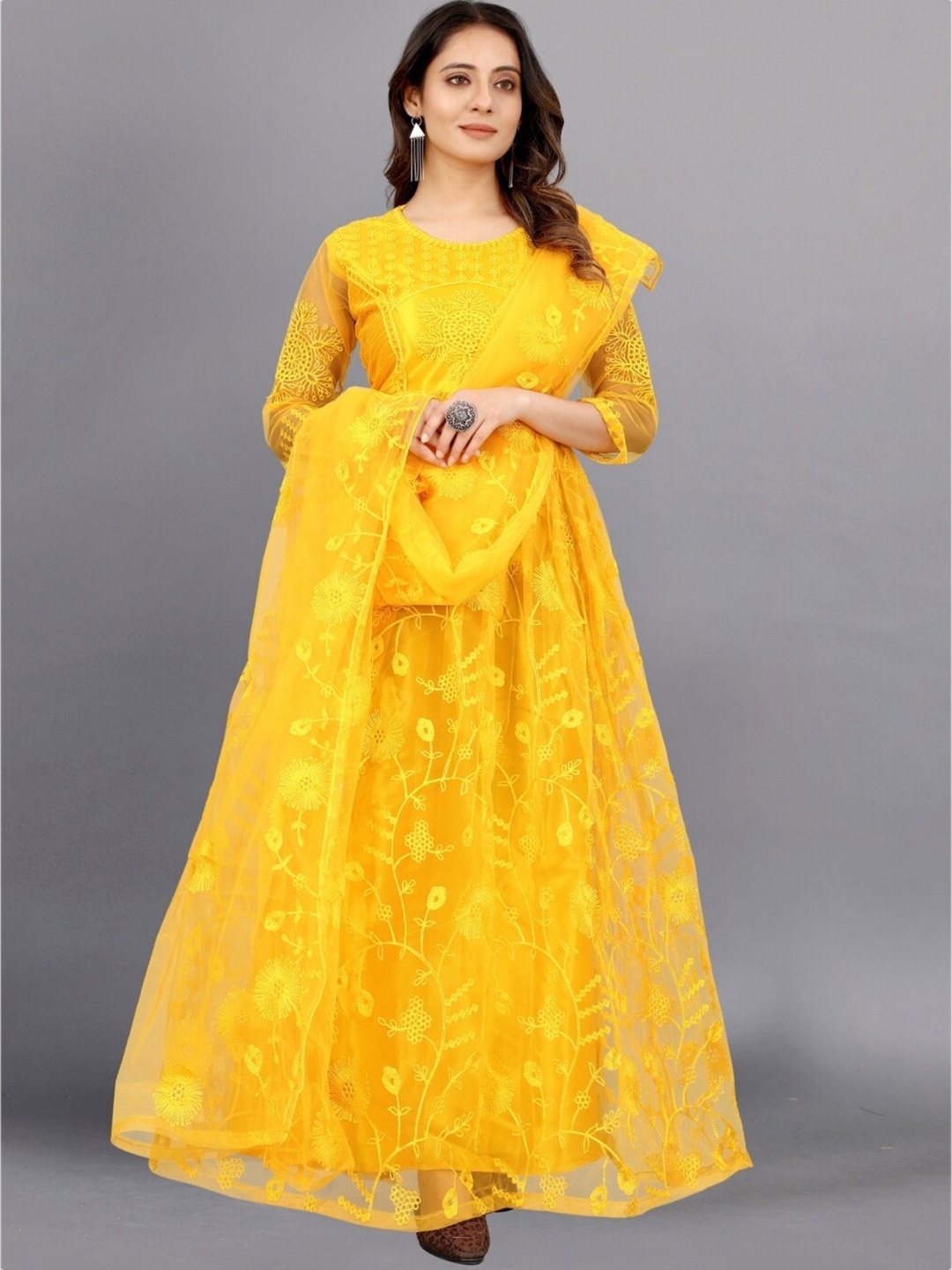 

APNISHA Yellow Floral Net Maxi Dress
