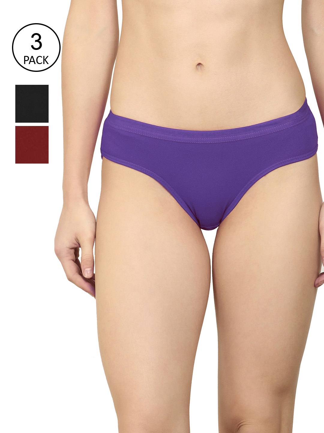 

AROUSY Women Pack Of 3 Purple & Black Solid Hipster Briefs