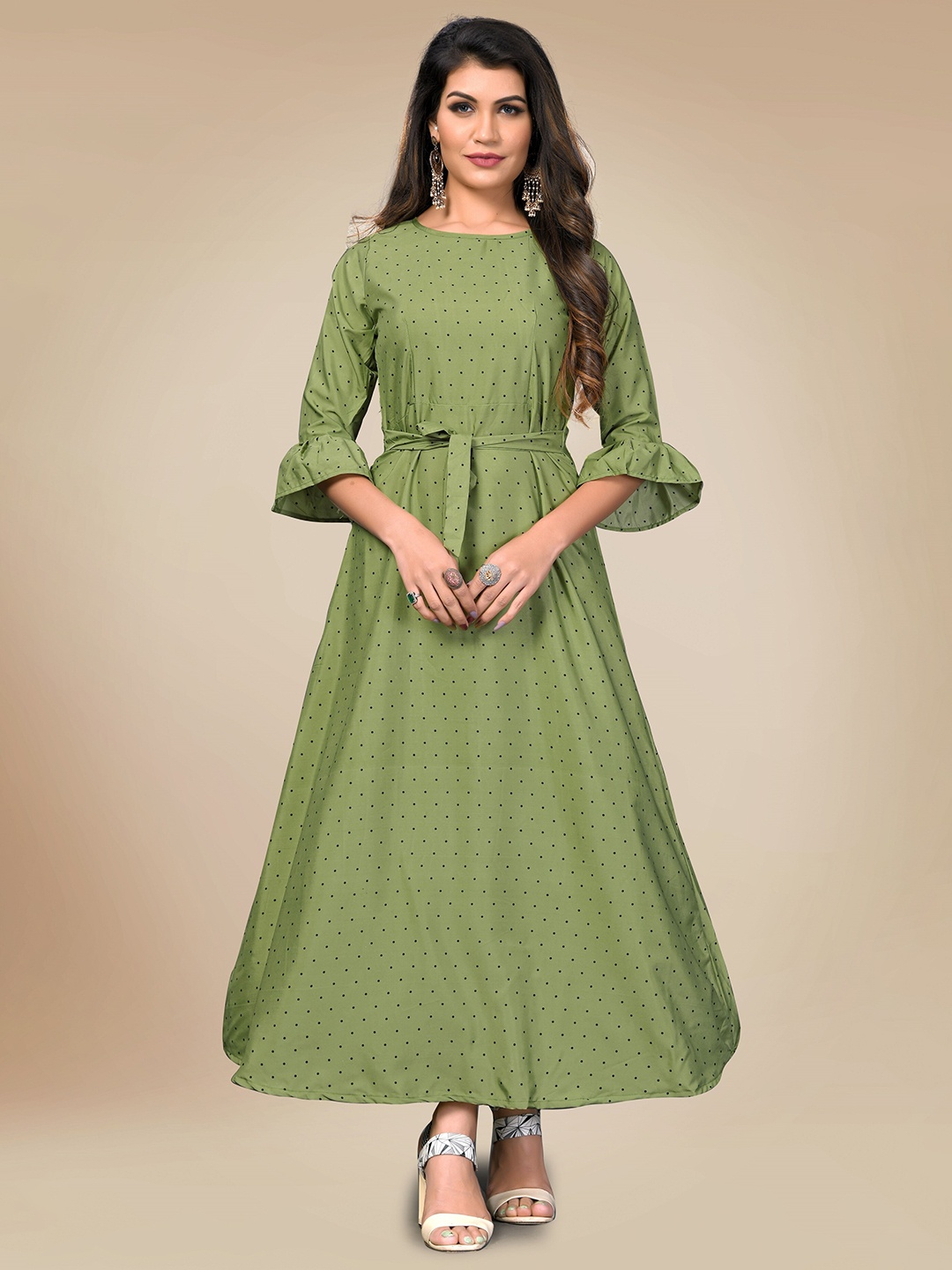 

AUCREATIONS Green Crepe Polka Dots Printed Maxi Dress