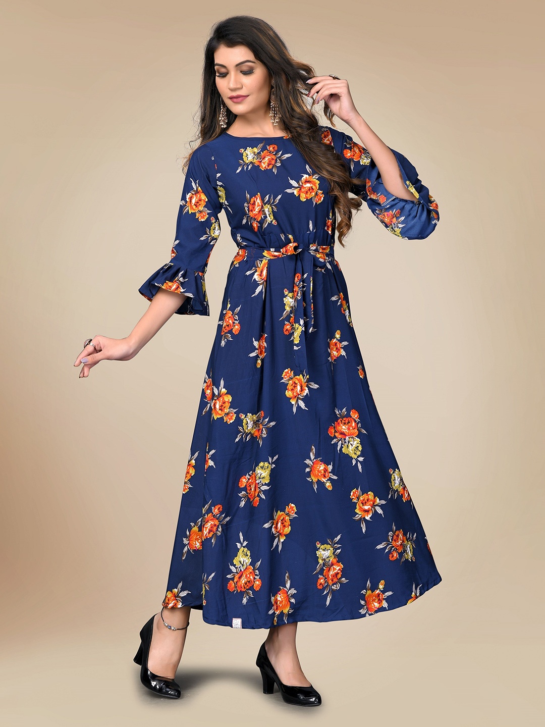 

AUCREATIONS Blue Floral Crepe Maxi Dress