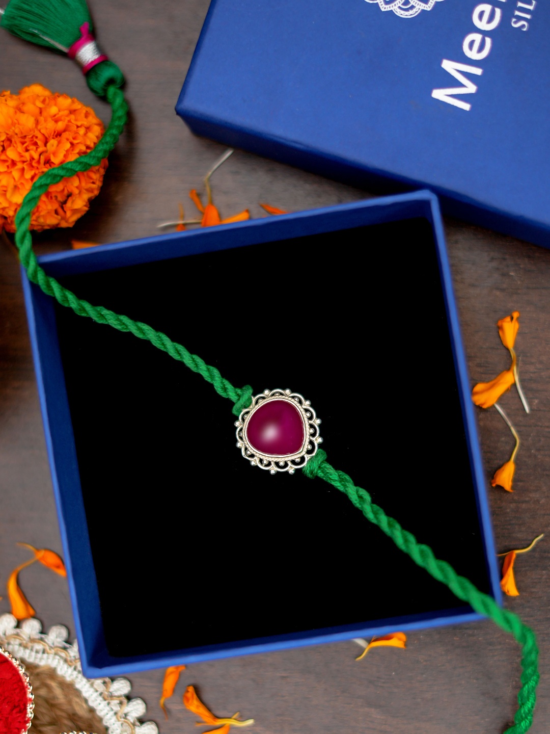 

Meenakari Heritage Jewellery Men Silver And Pink Stone Rakhi
