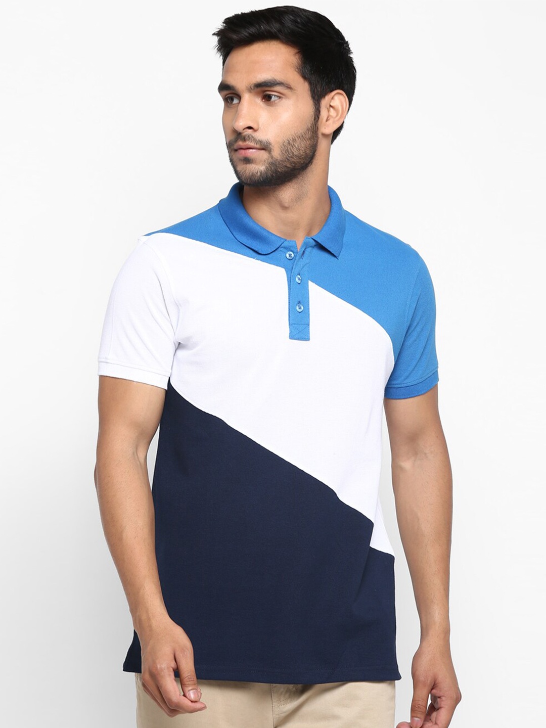 

Red Chief Men White & Blue Color Blocked Polo Collar T-shirt