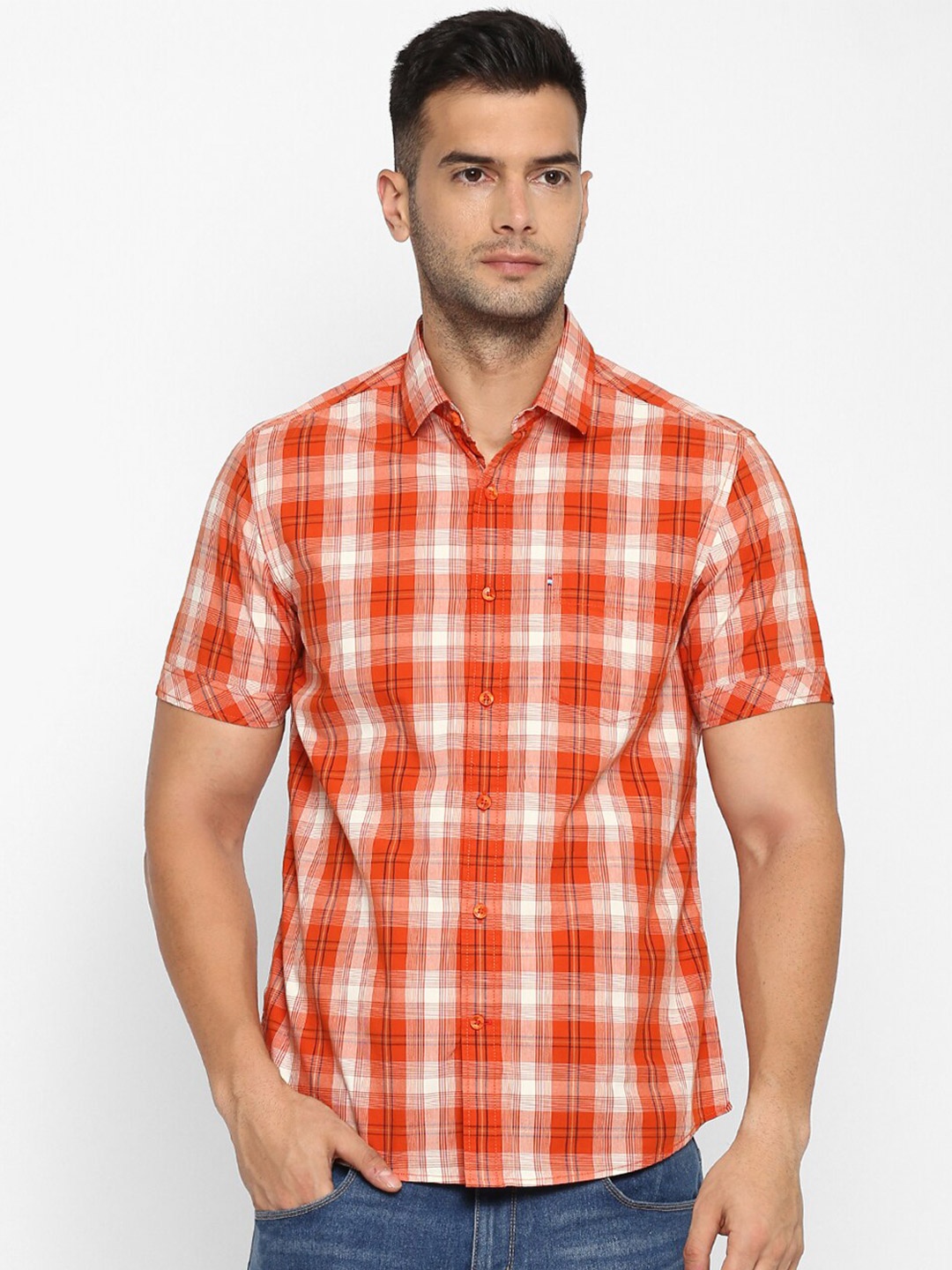 

Red Chief Men Orange & White Slim Fit Tartan Checks Checked Casual Shirt