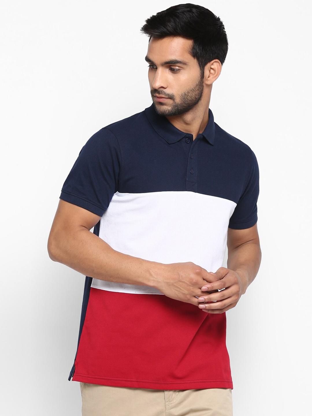 

Red Chief Men Navy Blue & White Colourblocked Polo Collar T-shirt