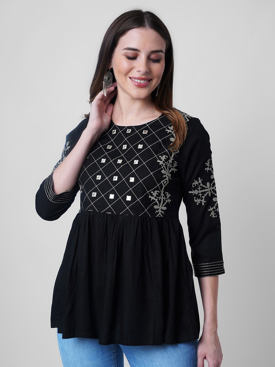 

NITVAN Women Black Embroidery Rayon Peplum Top