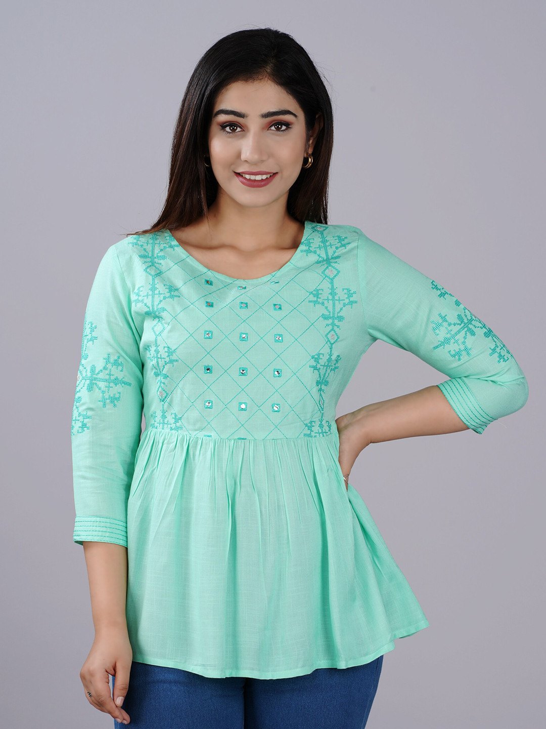 

NITVAN Sea Green Embroidery Peplum Top