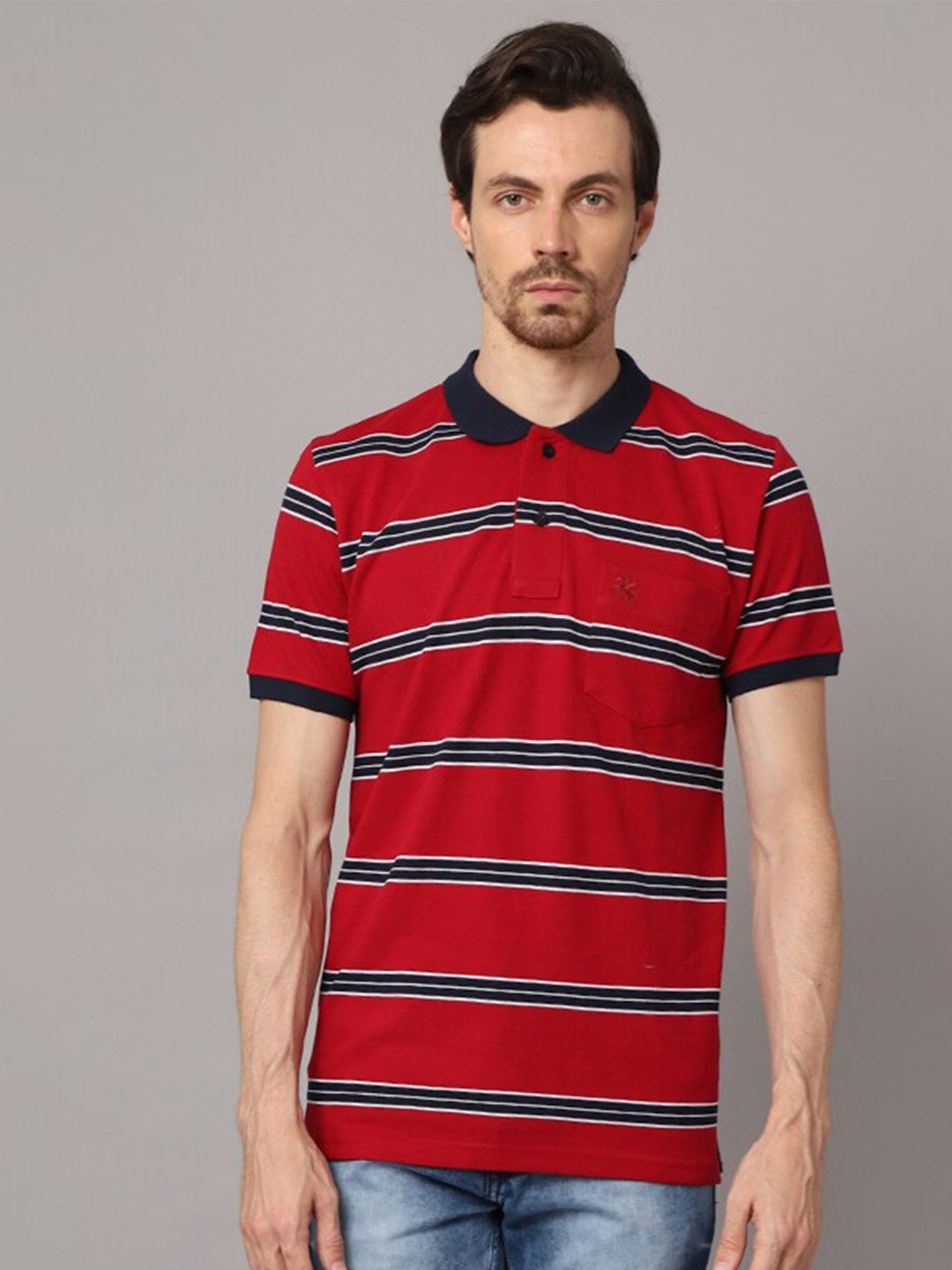 

Cantabil Men Maroon Striped Polo Collar T-shirt