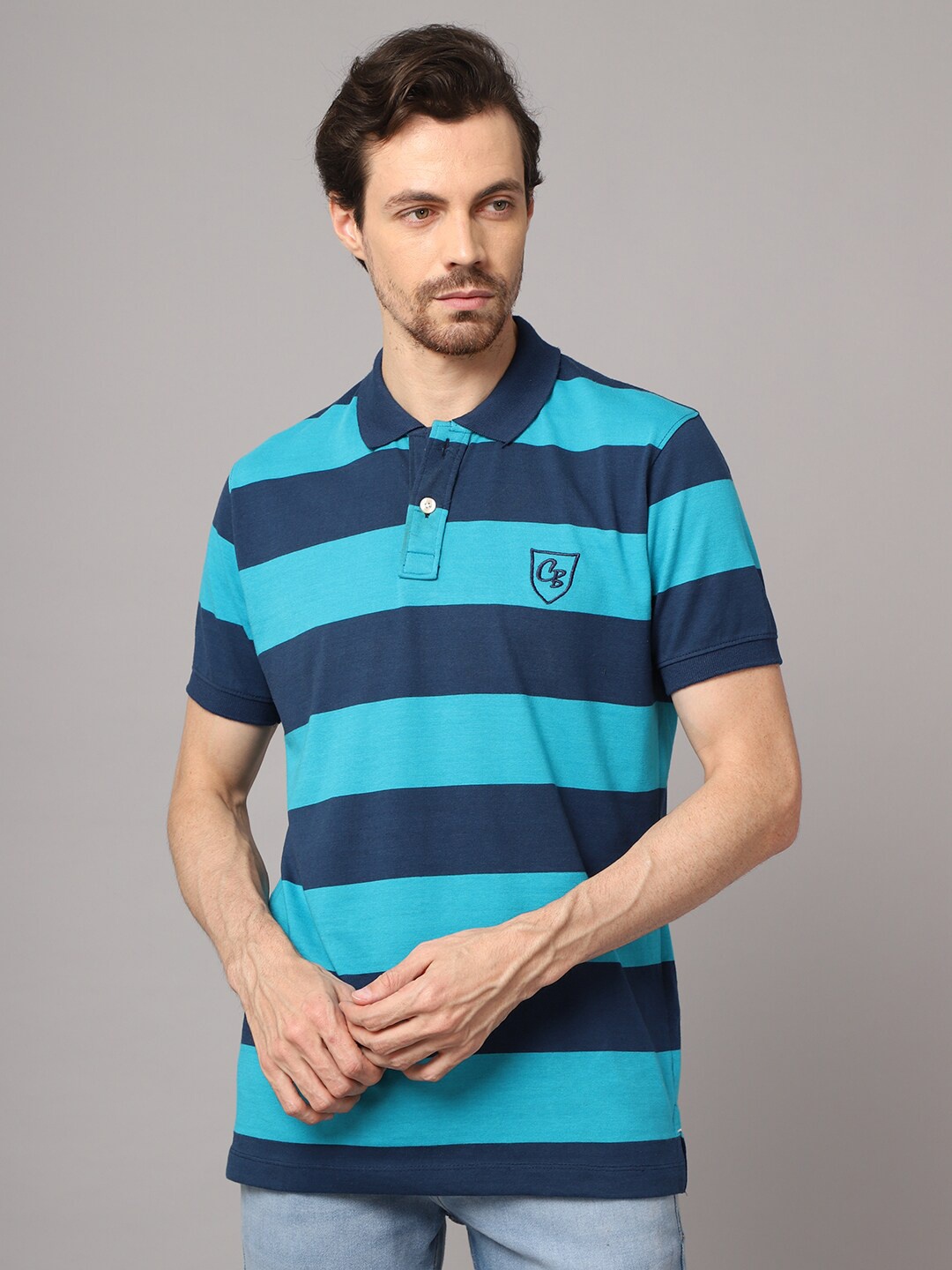 

Cantabil Men Blue Striped Polo Collar Applique T-shirt