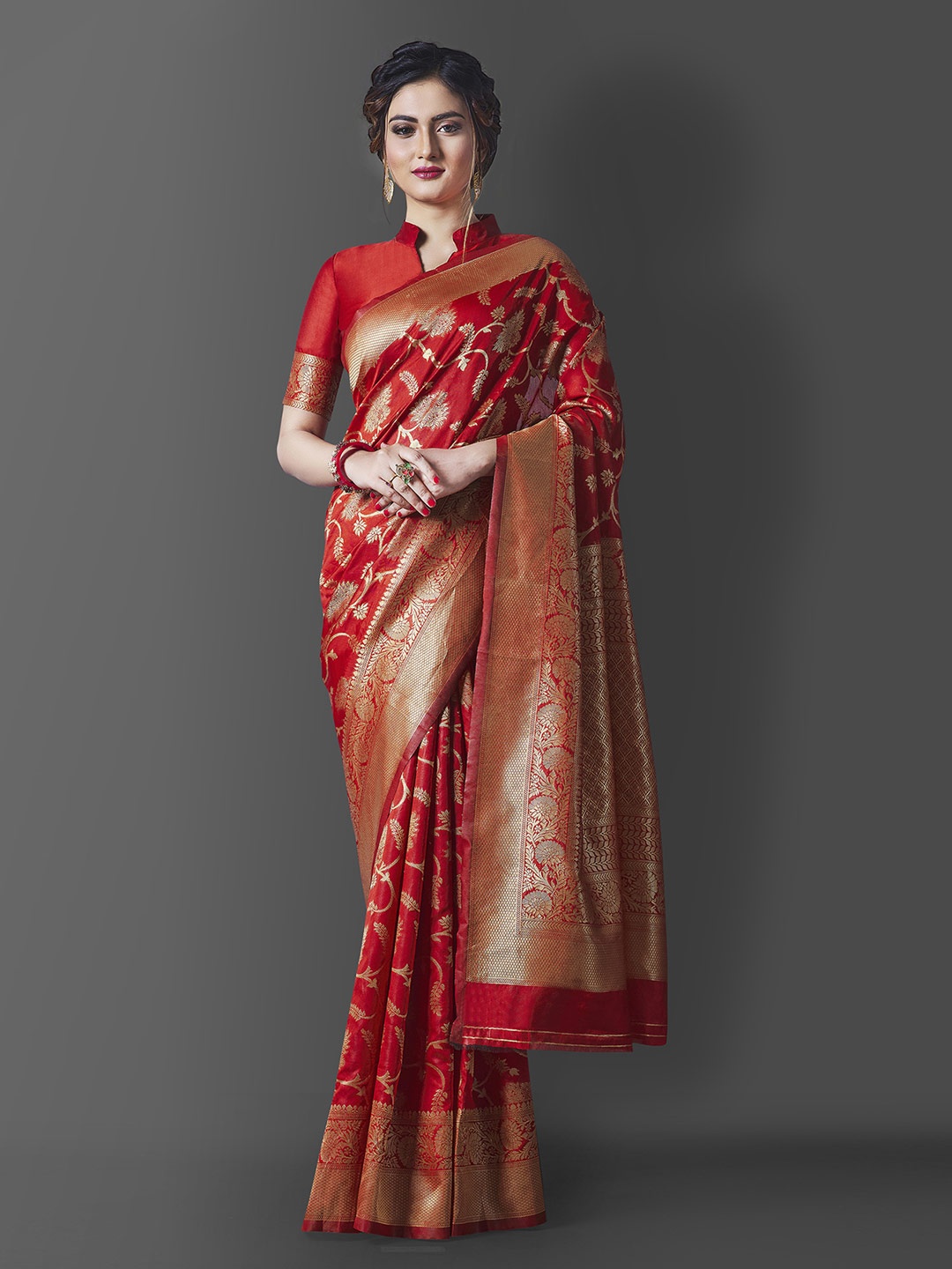 

Jinax Women Red & Gold-Toned Woven Design Zari Pure Silk Banarasi Saree