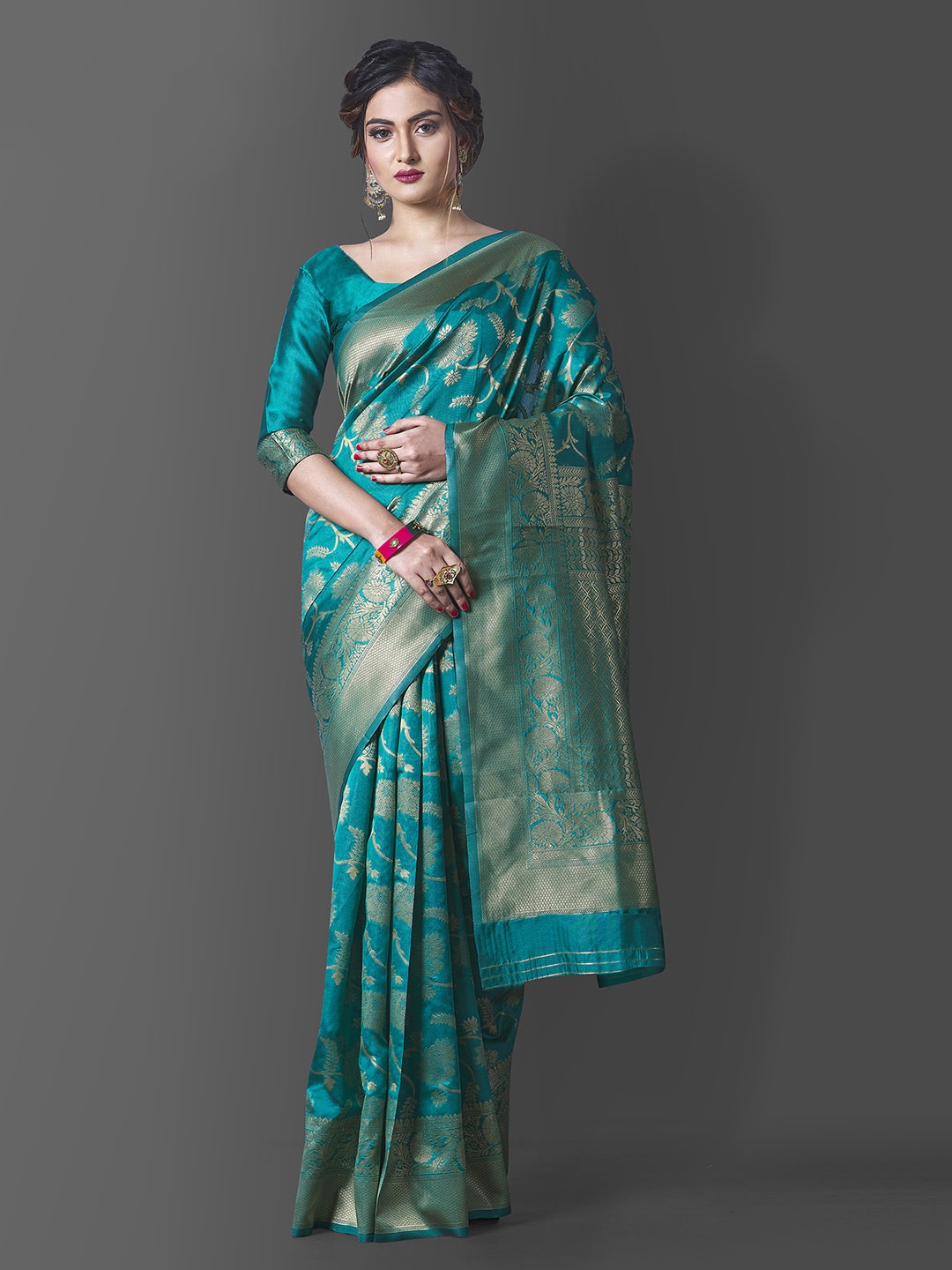 

Jinax Teal Woven Design Zari Pure Silk Banarasi Saree