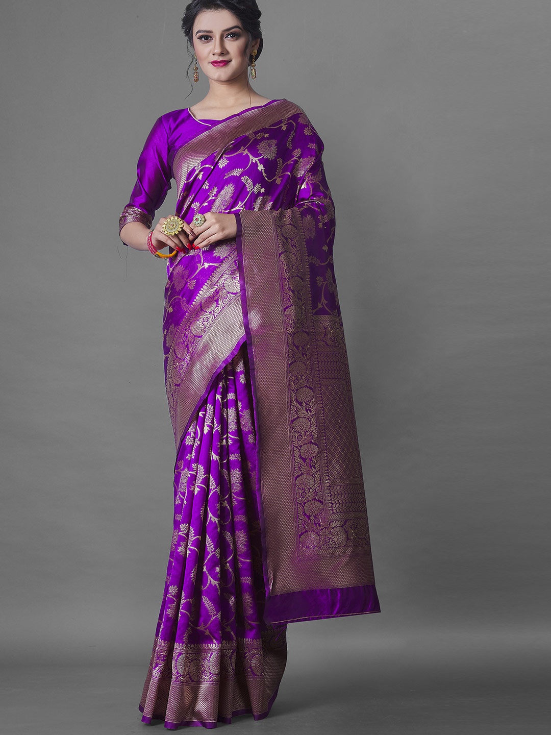 

Jinax Purple & Gold-Toned Woven Design Zari Pure Silk Banarasi Saree