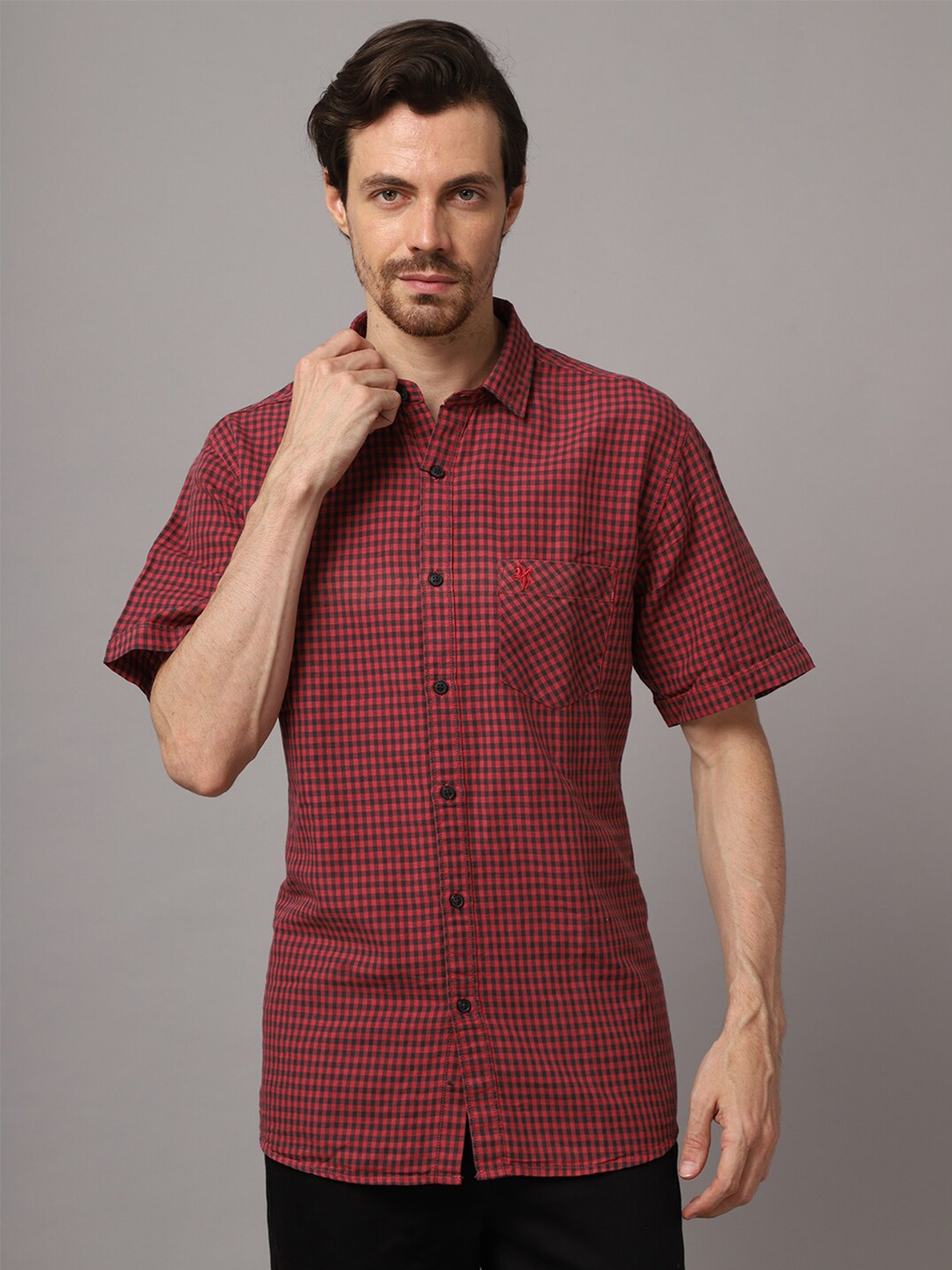 

Cantabil Men Red Grid Tattersall Checked Casual Shirt