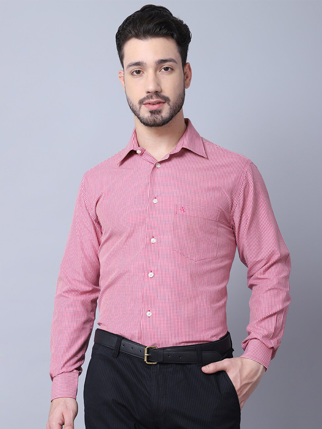 

Cantabil Men Magenta and White Micro Checked Casual Shirt