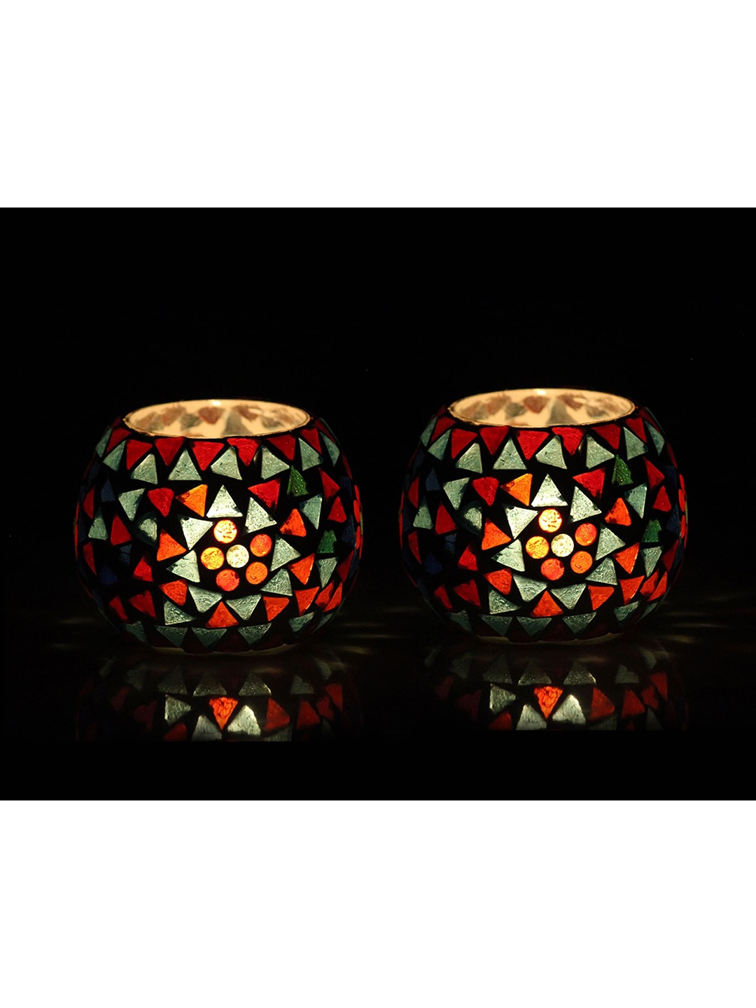 

Brahmz Set Of 2 White Printed Tealight Glass Candle Holders