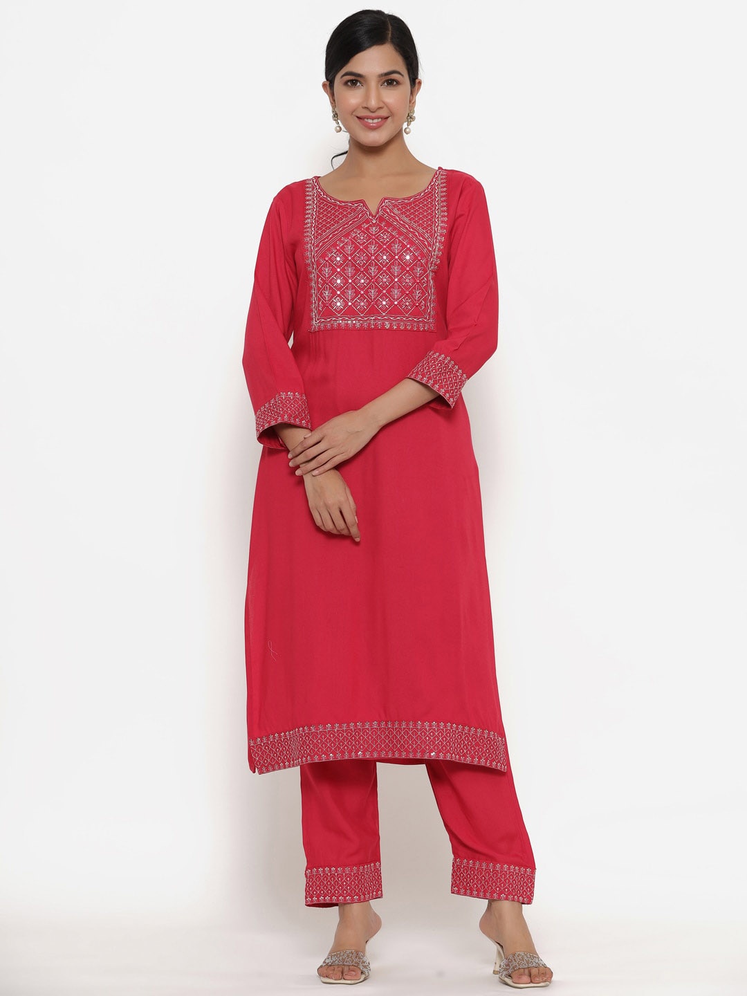 

SBR BABA KURTI Women Red Yoke Design Kurta with Trousers