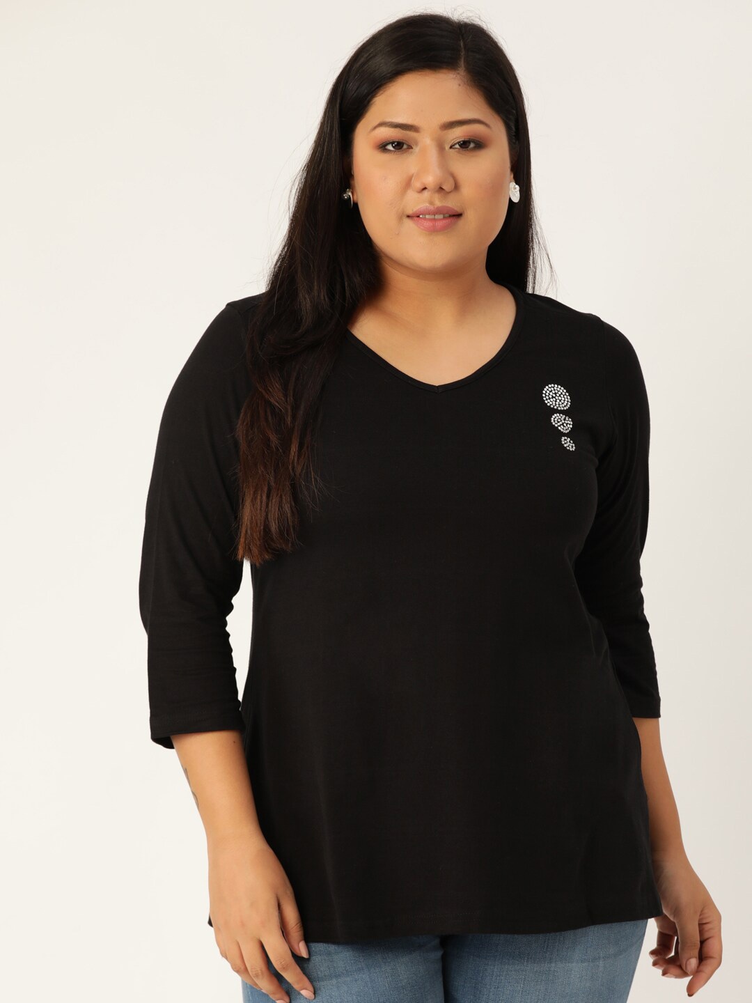 

theRebelinme Plus Women Black V-Neck Embellished Cotton T-shirt