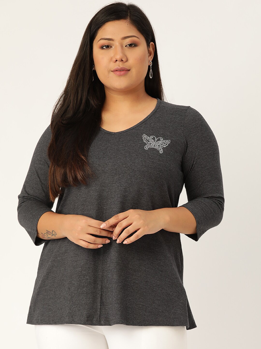 

theRebelinme Women Plus Size Charcoal V-Neck T-shirt