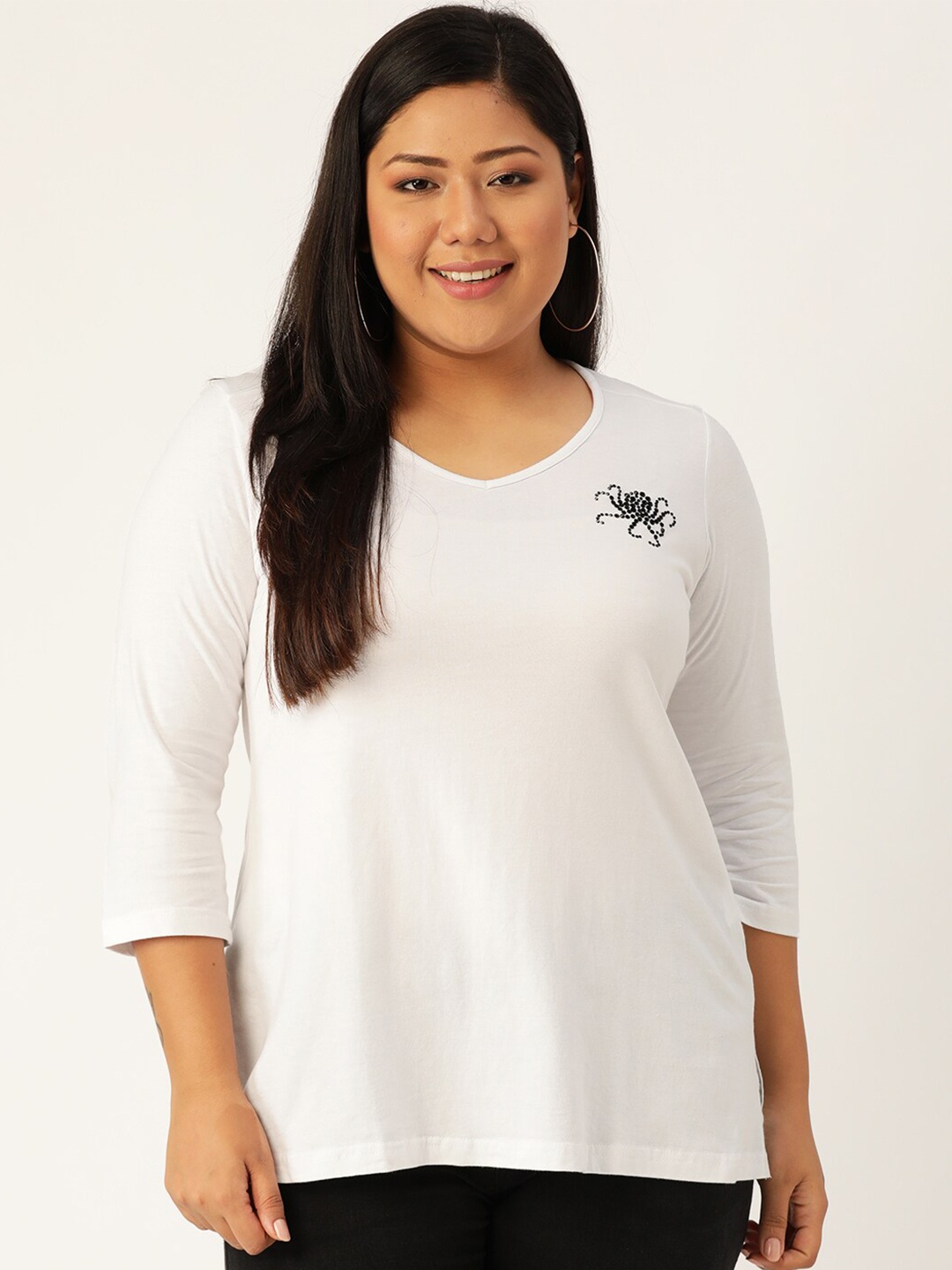 

theRebelinme Women White Solid Plus Size V-Neck Pure Cotton T-shirt