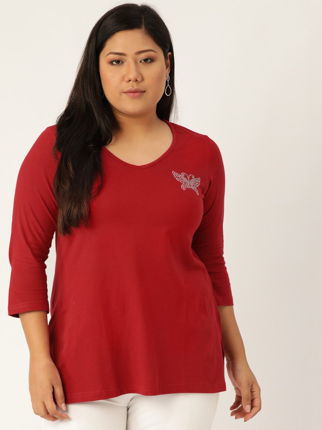 

theRebelinme Women Maroon Pure Cotton V-Neck Plus Size T-shirt