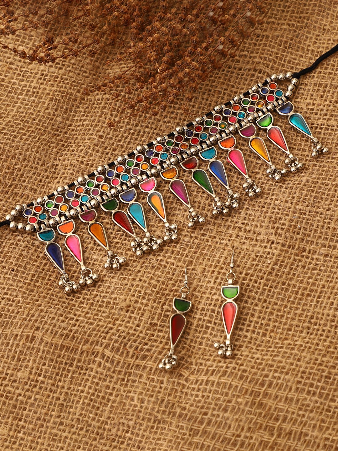 

VENI Women Silver-Plated Paint Meena Choker Necklace With Earrings