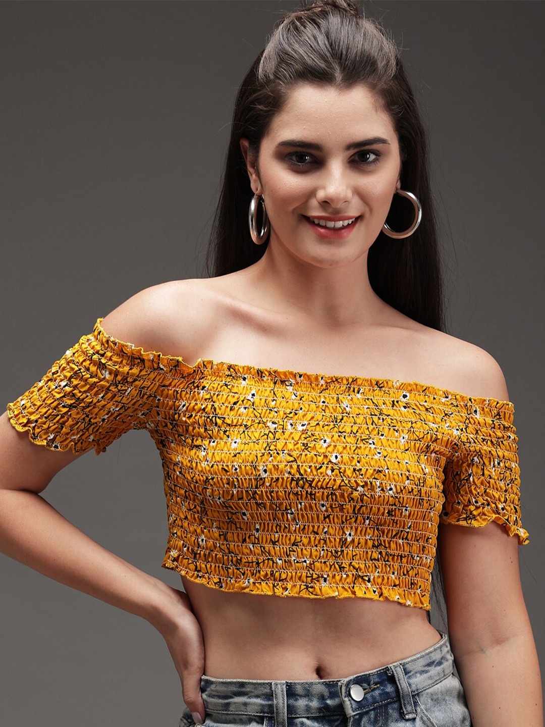

Darzi Women Yellow Floral Printed Smocked Crepe Bardot Crop Top
