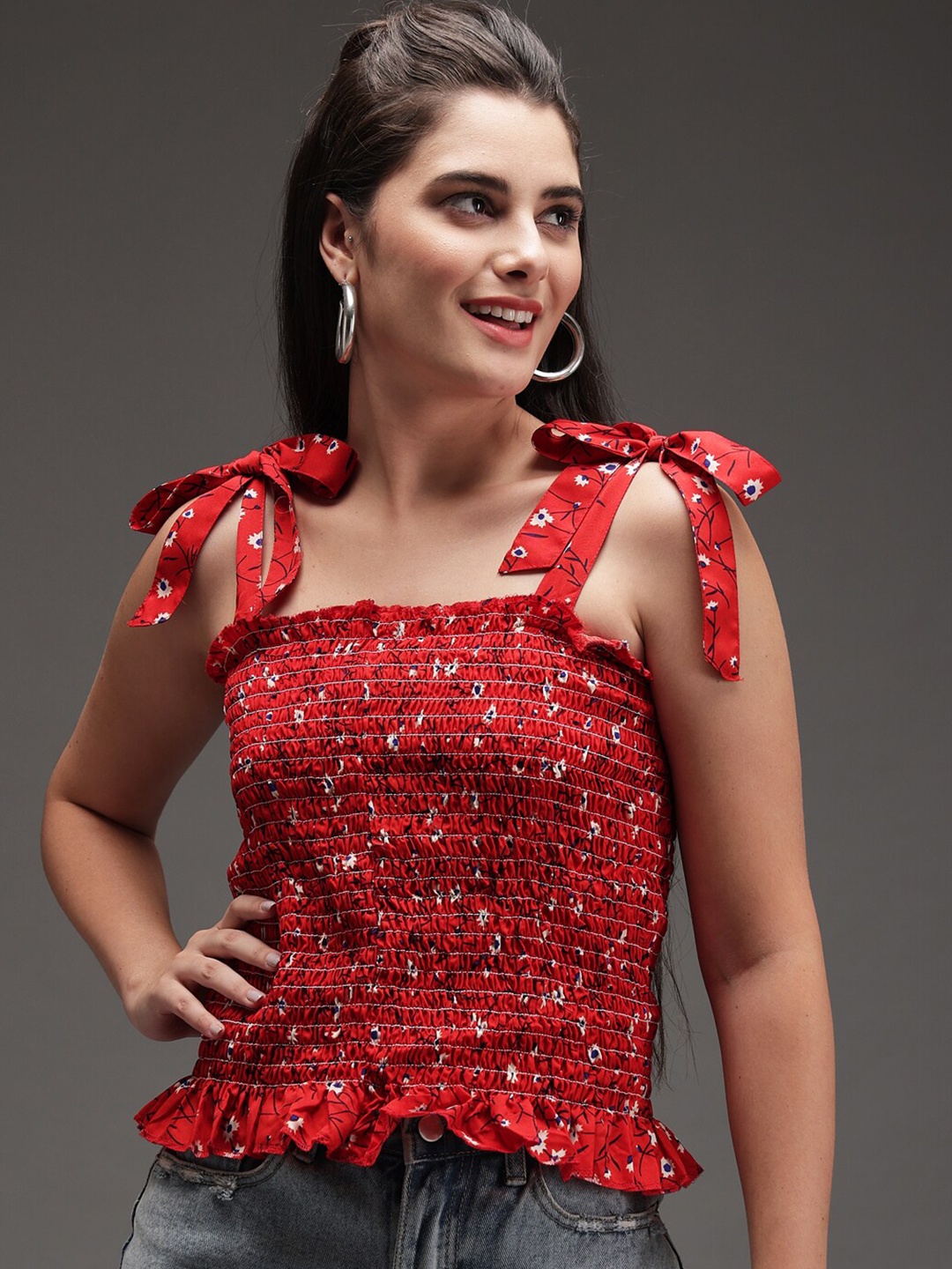 

Darzi Women Red Floral Printed Smocked Crepe Top