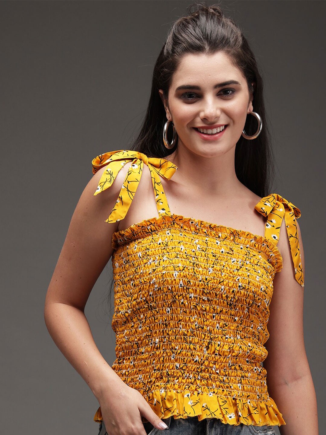 

Darzi Women Yellow Floral Printed Smocked Crepe Top