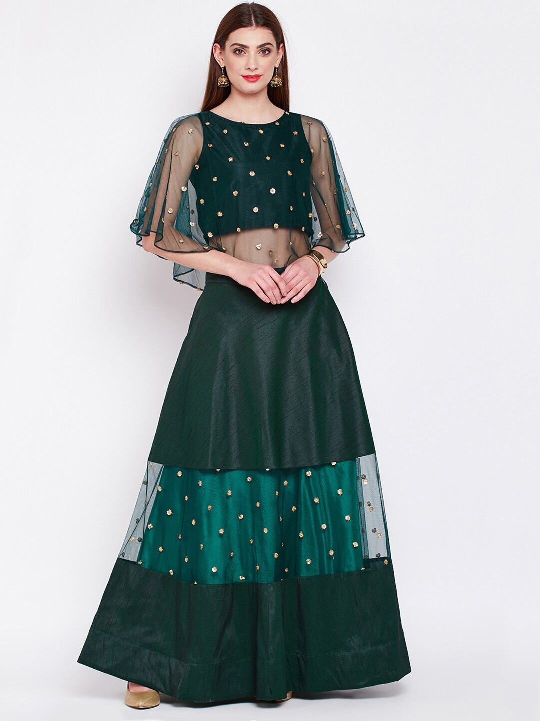 

studio rasa Women Green & Gold-Toned Embroidered Sequinned Ready to Wear Lehenga &