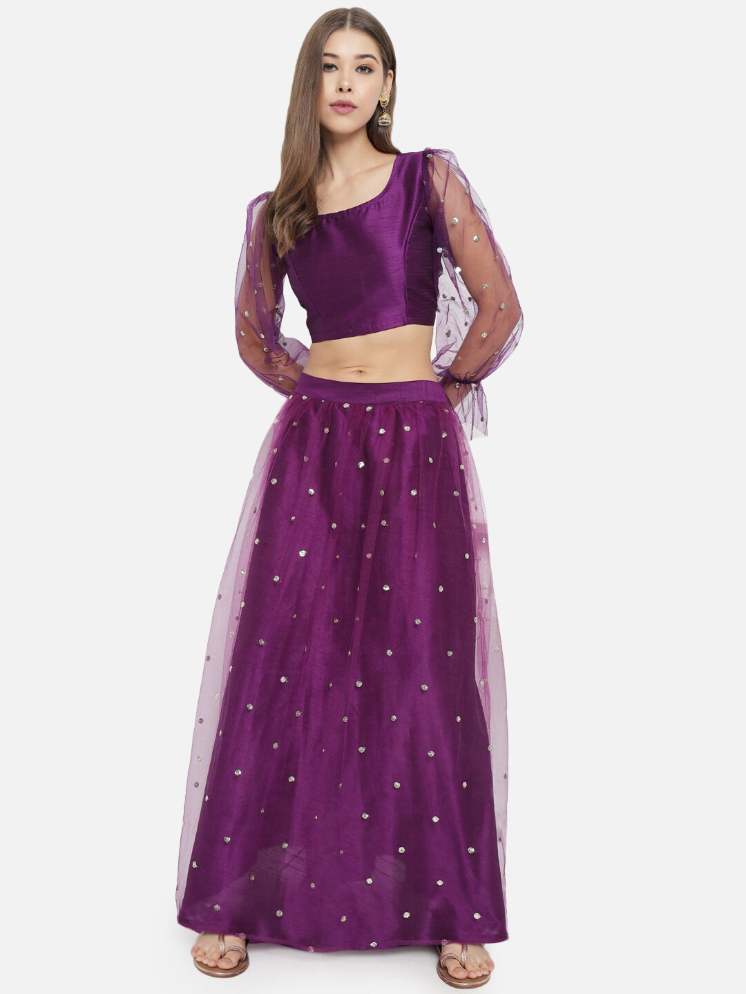 

studio rasa Women Purple & Silver-Toned Sequinned Ready to Wear Lehenga &