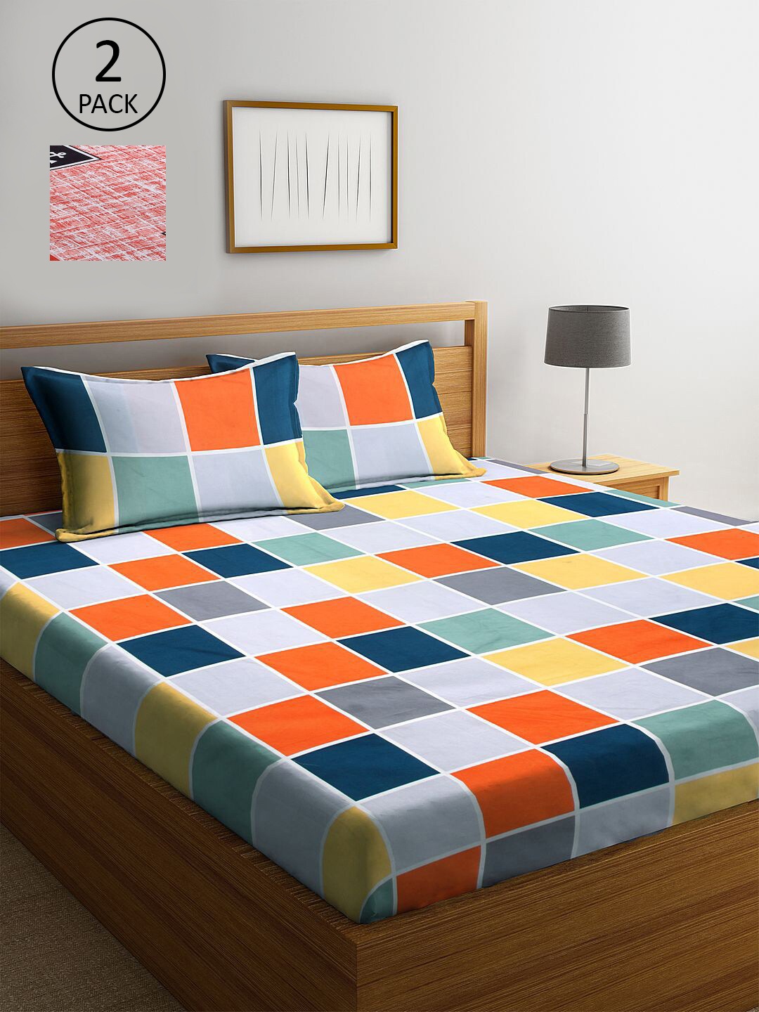 

KLOTTHE Set Of 2 Geometric Print 300 TC King Bedsheet with 4 Pillow Covers, Blue