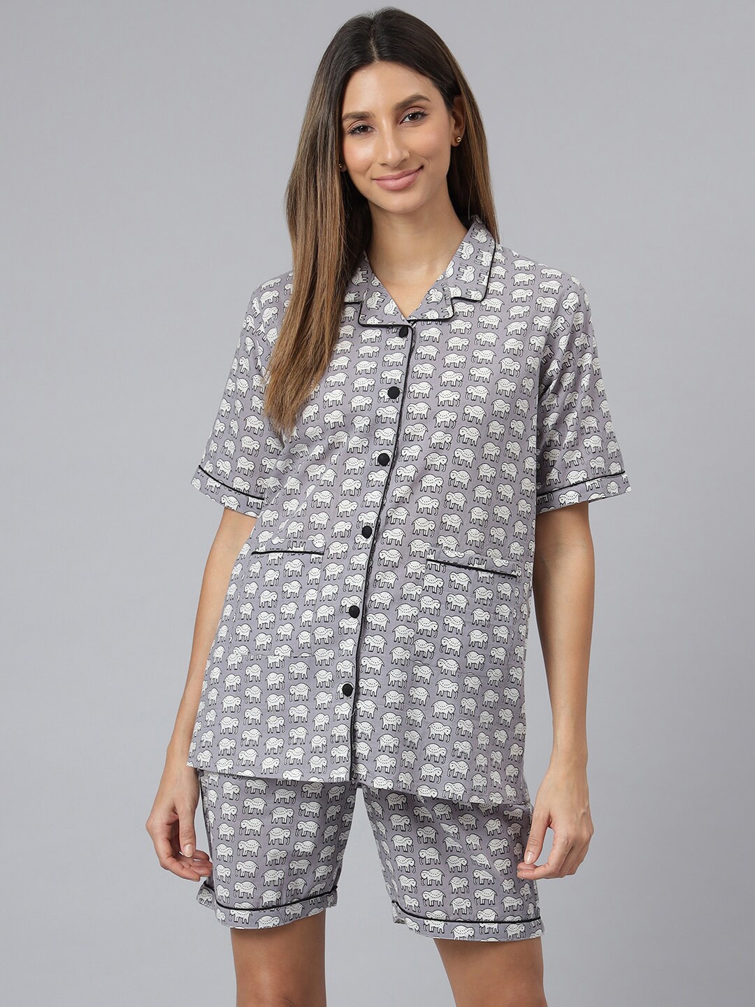 

JAIPUR ATTIRE Women Grey & Off White Printed Night Suit-JANS09-Grey