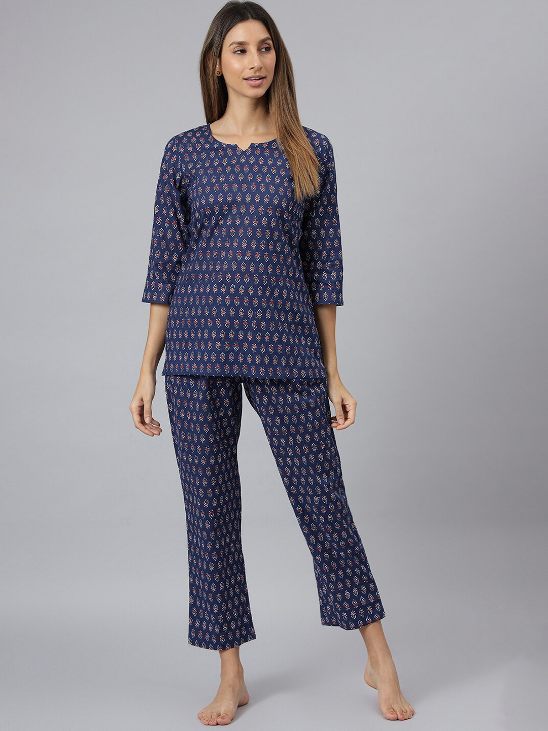 

JAIPUR ATTIRE Women Navy Blue & Red Printed Pure Cotton Night Suit-