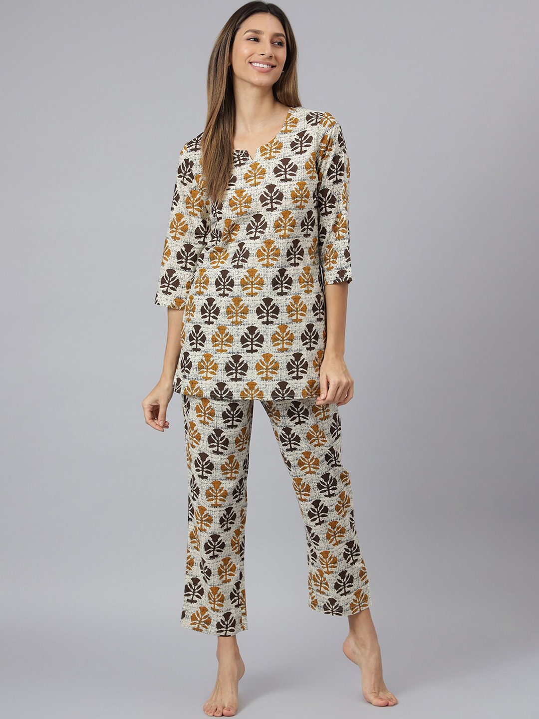 

JAIPUR ATTIRE Women White & Mustard Printed Night Suit