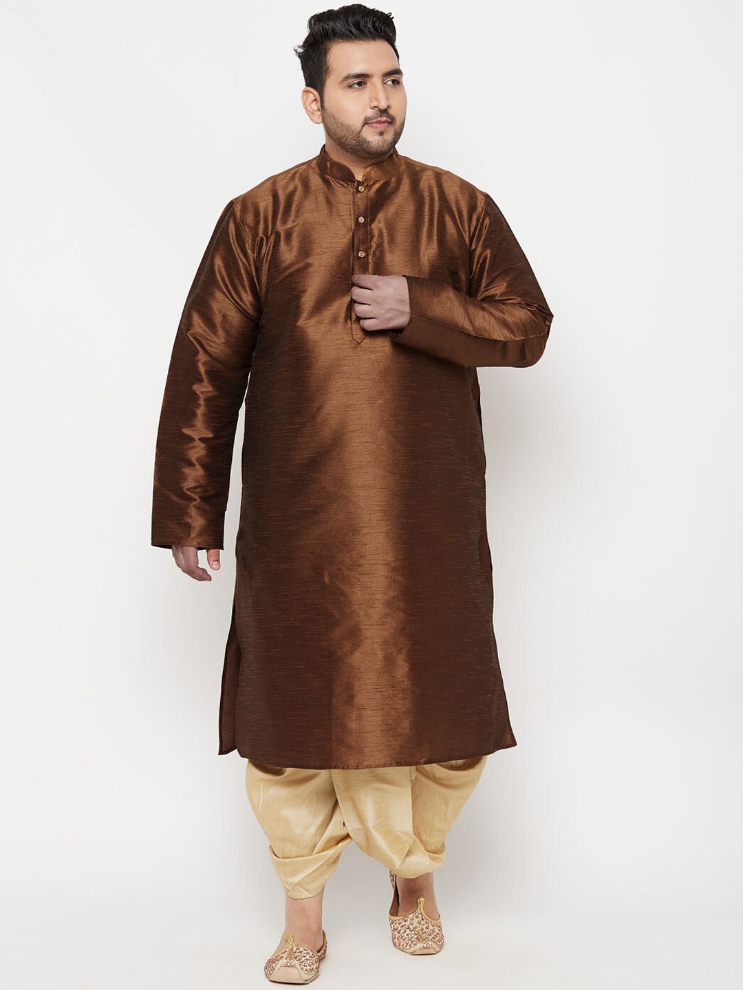 

VASTRAMAY Men Coffee Brown Angrakha Kurta with Dhoti Pants