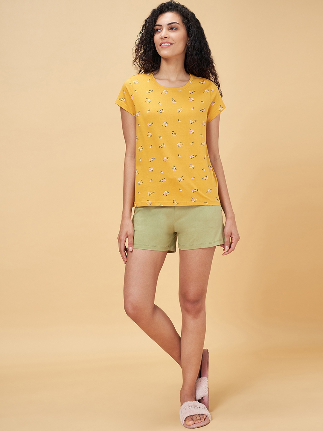 

Dreamz by Pantaloons Women Green & Yellow Printed Cotton Night Suit