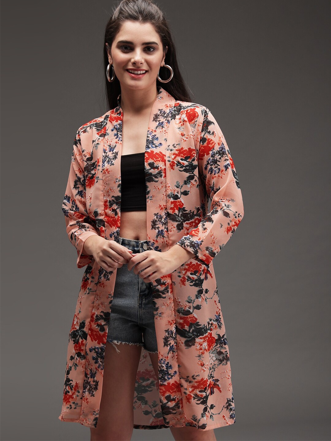 

Darzi Women Peach & Red Floral Printed Longline Shrug