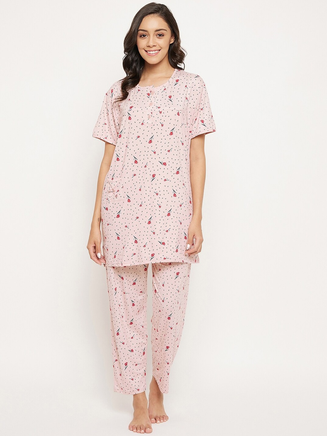 

Camey Women Peach-Coloured & Red Floral Printed Night suit-NSH-370_PEACH-L-Peach