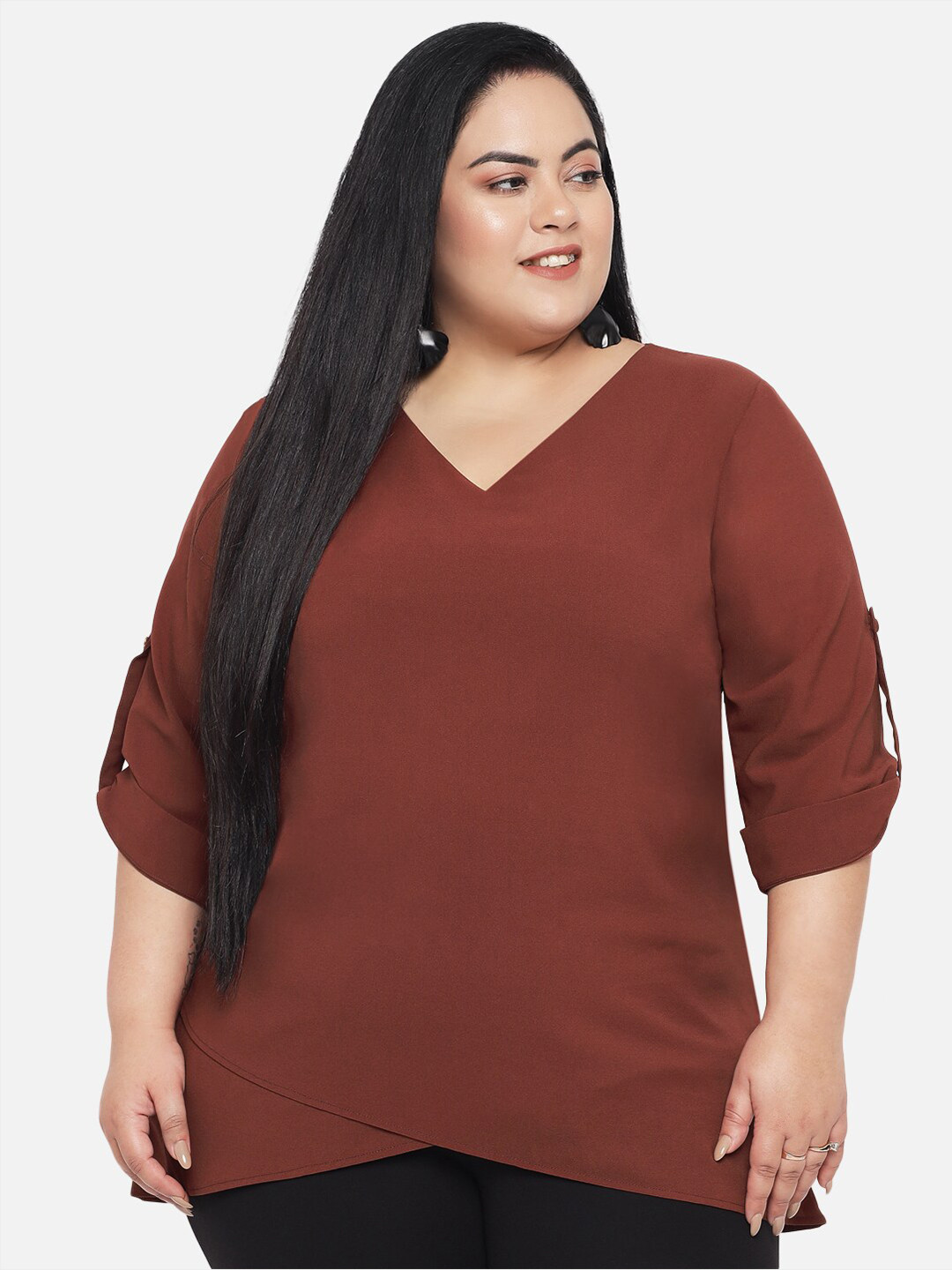 

wild U Plus Size Women Rust Roll-Up Sleeves Layered Top