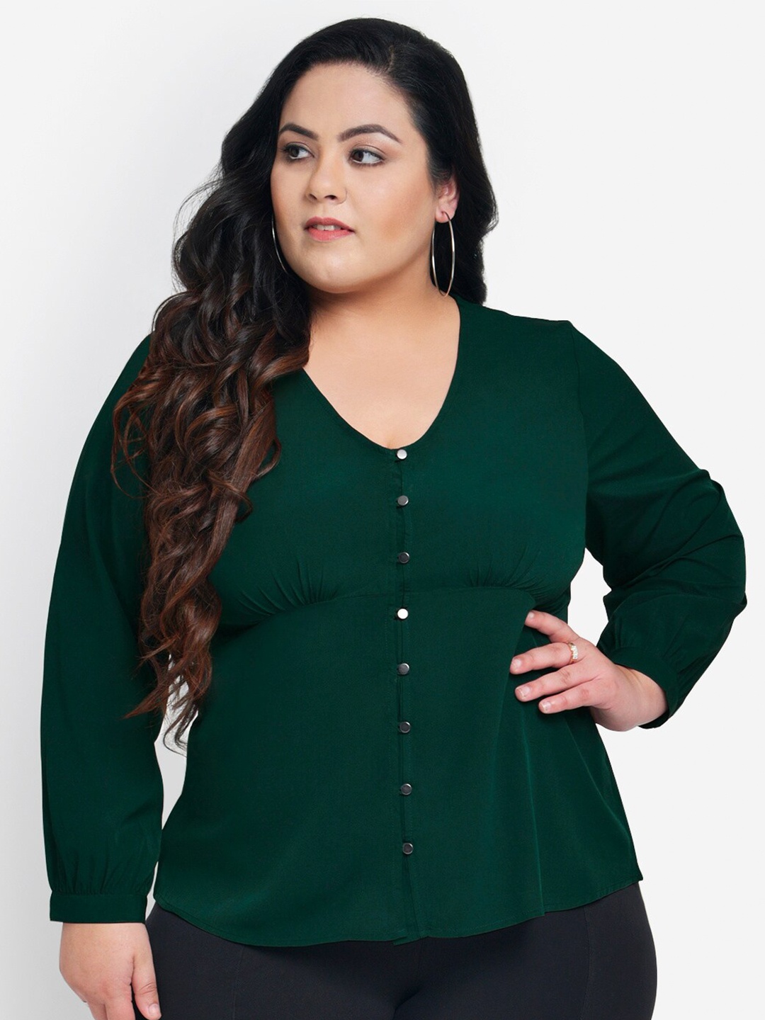 

wild U Women Plus Size Green Solid Buttoned Top