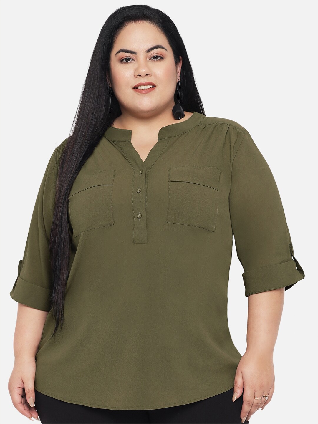 

wild U Plus Size Women Green Mandarin Collar Roll-Up Sleeves Georgette Top