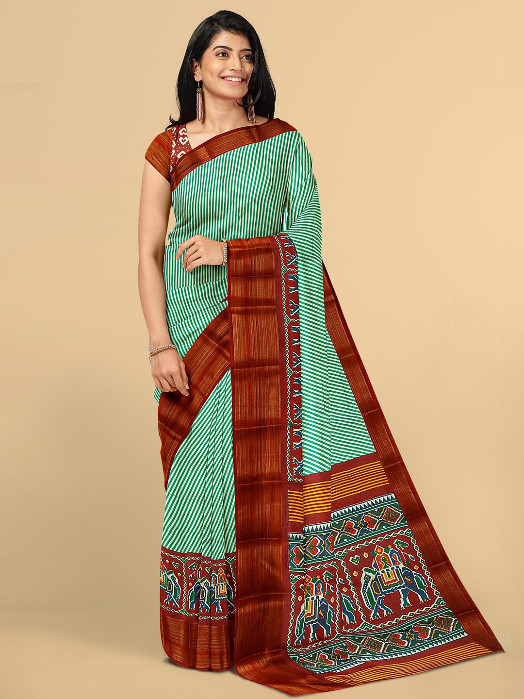 

Kalamandir Teal & Red Striped Zari Linen Blend Saree