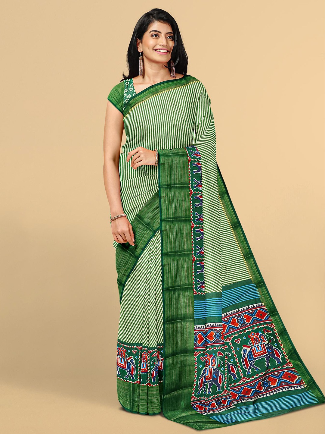 

Kalamandir Green & White Striped Linen Blend Saree