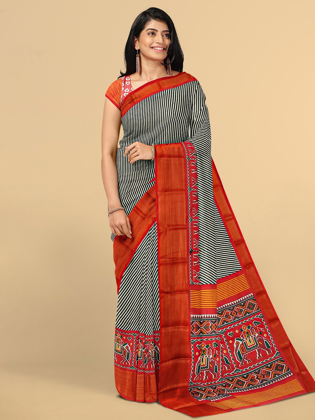 

Kalamandir Black & Red Striped Linen Blend Ikat Print Saree