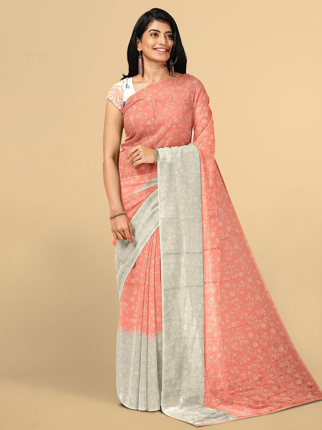 

Kalamandir Peach-Coloured & Grey Floral Georgette Saree